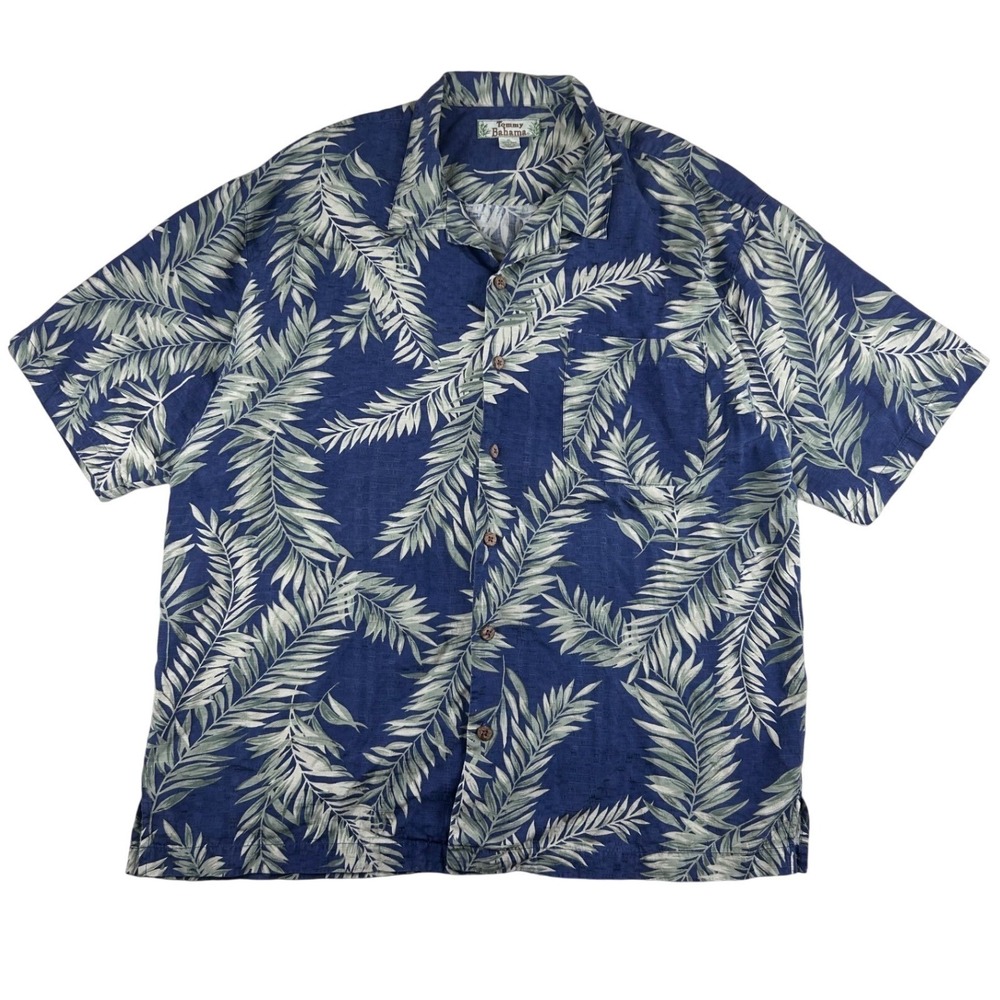 Tommy Bahama Mens XL Silk Hawaiian Shirt Blue Palm Leaf‎ Short Sleeve Button Up